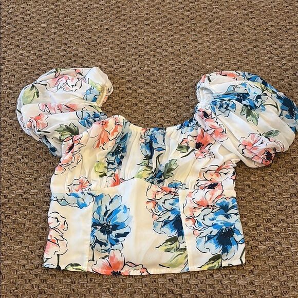 Abercrombie & Fitch Cream and Blue Puff Sleeve Crop Blouse - Picture 1 of 8